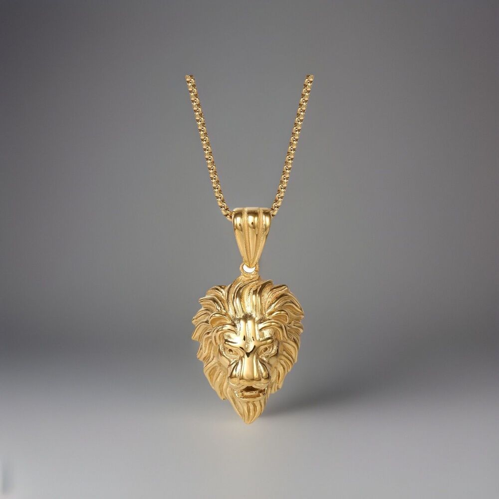 Brilliance jewelry mens stainless steel gold plated lion pendant necklace 22”